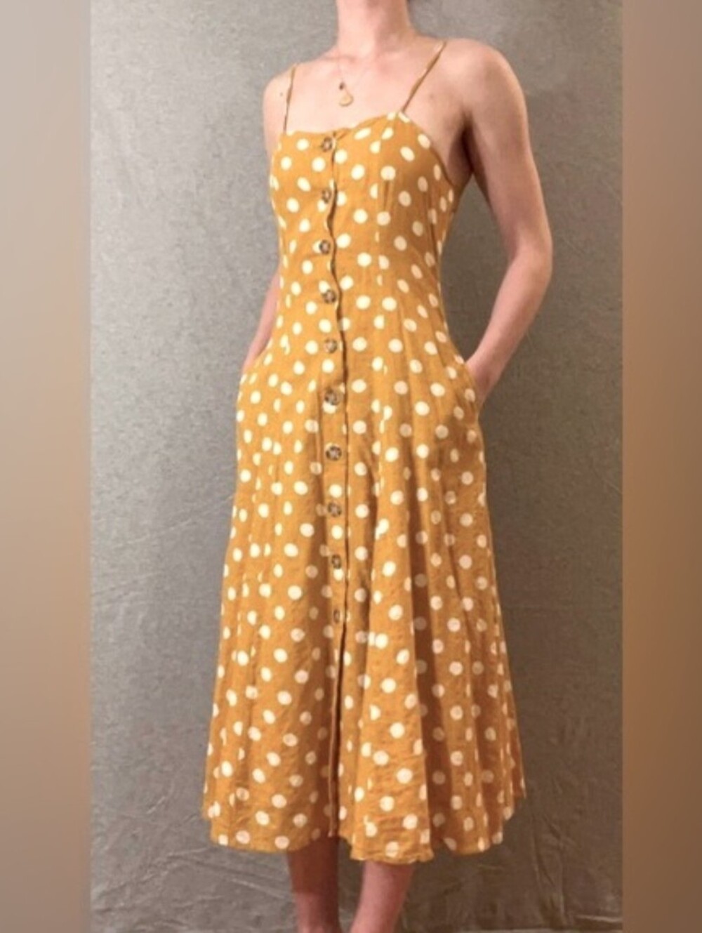Rebellion Mustard Polka Dot Button-Front Midi Dress